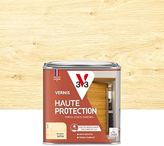 V33 Vernis bois extérieur Incolore satin - Haute Protection - Haute résistance rayures et UV - Anti-goutte et tendu bon - Ecolabel - 0,5L