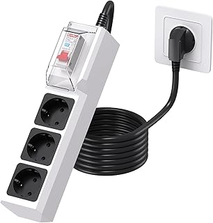 BEVA RCD Multiprise avec disjoncteur différentiel 30mA, Multiprise Parafoudre 3 Prises avec disjoncteur de Protection (4000W/16A) + Câble 3M, pour appareils électroménagers, Outils, extérieur