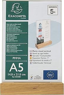 Exacompta - Réf. 85258D - 1 Porte-visuel avec socle en bois A5 vertical Office - Dimension 148 x 210 mm - PMMA (acrylique) pour photos, menus pour restaurants, hôtels, réception - Couleur Cristal