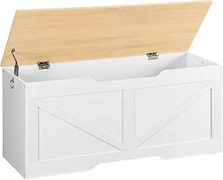 HOOBRO Boîte Rangement, Coffre Rangement Jouets Vintage avec Ouverture Forme de U, Banc Rangement, Charnière Sécurité, Coffre à Jouets Bois Robuste, Facile Assembler, Blanc, Couleur Bois EWN772CW01